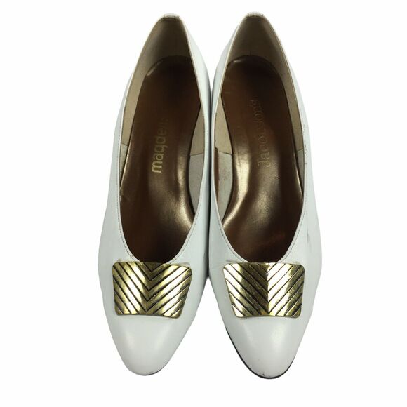 Vintage Magdesians for Jacobsons Low Wedge Heels 9.5 M White Leather Gold Plate - Picture 2 of 11